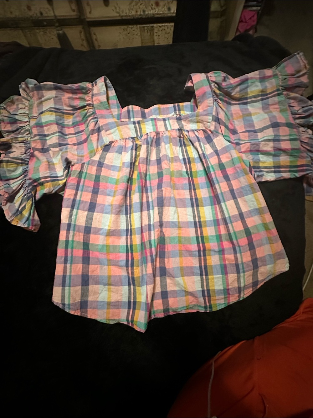Terra & Sky Pastel Checkered Peasant Short Sleeved Top  Size 3X